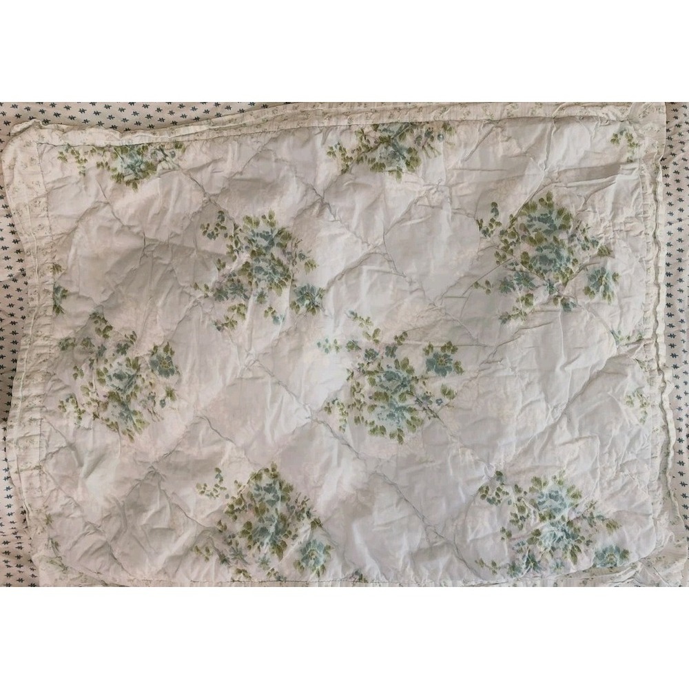 Simply Shabby Chic White Blue & Green Floral Quilted Pillow Sham 100% Cotton